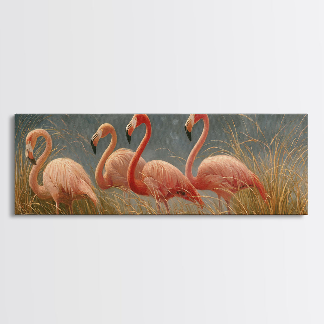 Pink Flamingos Among Tropical Water Plants Framed Canvas Print, Tropical Art, Coastal Art, Living Room Decor, Fine Art, Tropic, TRO-3x1-90