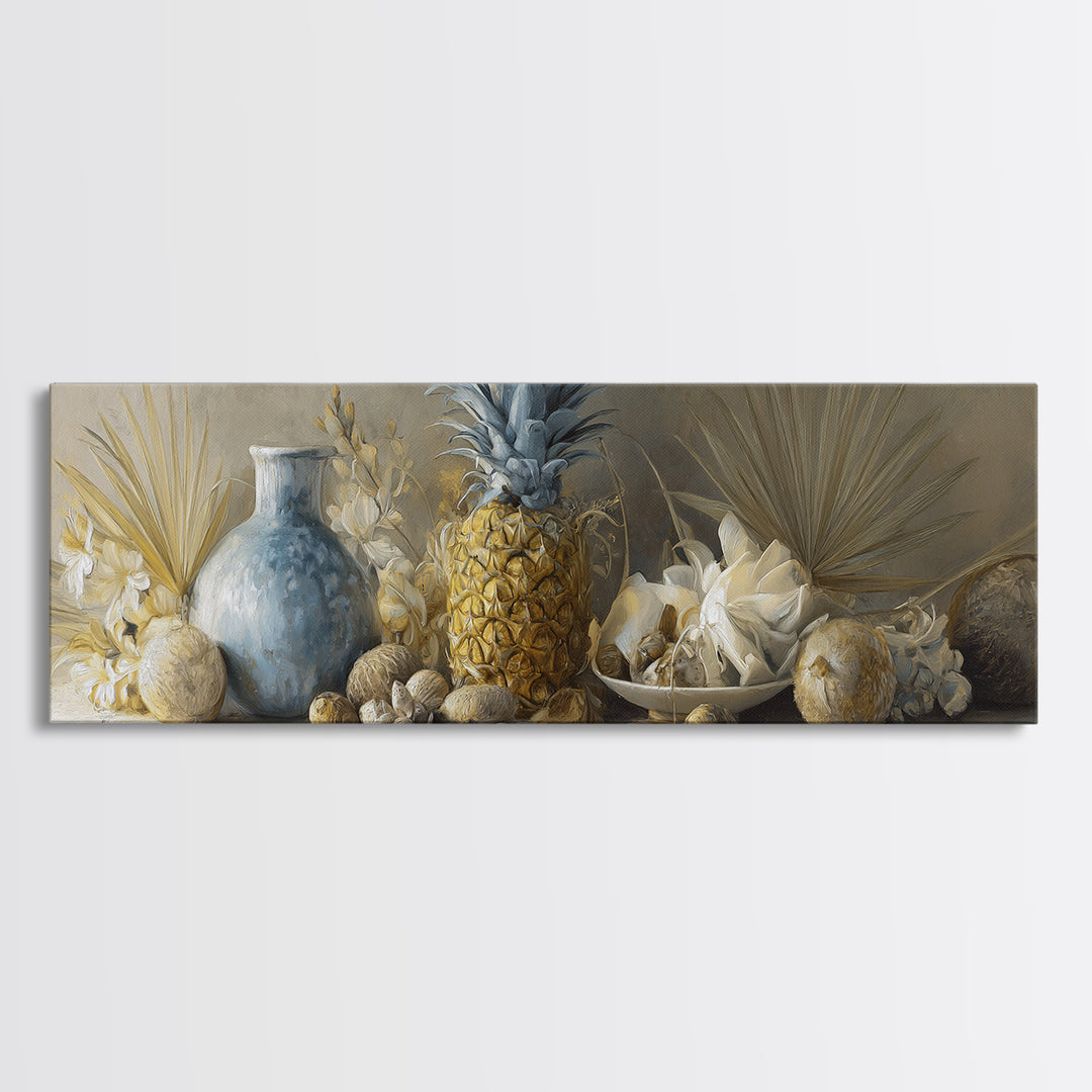 Pineapple and Palm Still Life Canvas Print, Tropical Art, Downloadable Prints, Living Room Decor, Watercolor Art, Tropic, TRO-3x1-94