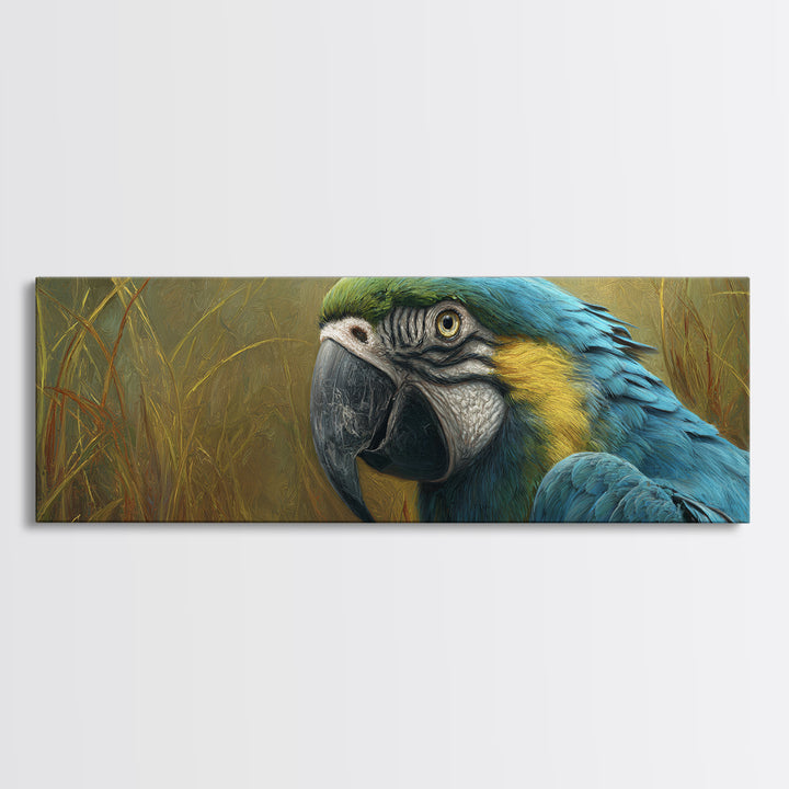 Parrot Portrait with Emerald Feathers Canvas Print, Tropical Art, Textured Painting, Living Room Decor, Fine Art, Tropic, TRO-3x1-96