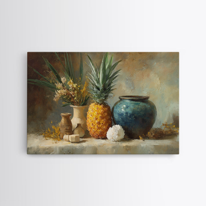 Pineapple and Palm Still Life Framed Canvas Print, Tropical Art, Coastal Wall Art, Living Room Decor, Fine Art, Tropic, TRO-3x2-10