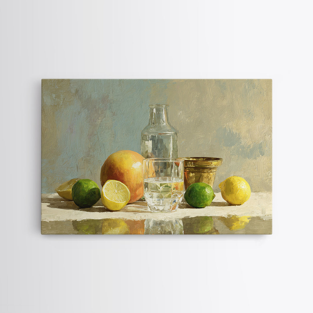Bright Papaya and Lime Still Life Framed Canvas Print, Tropical Art, Wall Art, Living Room Decor, Oil Painting, Tropic, TRO-3x2-100