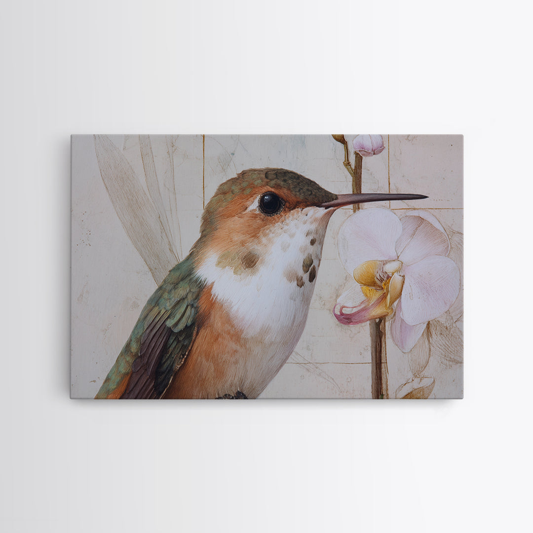 Orchid and Hummingbird Composition Framed Canvas Print, Tropical Art, Pink Wall Art, Living Room Decor, Fine Art, Tropic, TRO-3x2-14