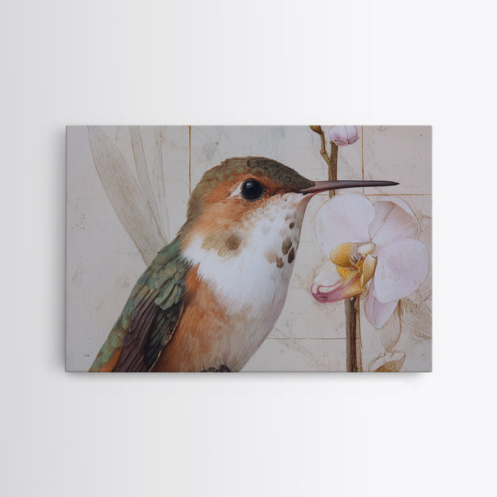 Orchid and Hummingbird Composition Framed Canvas Print, Tropical Art, Pink Wall Art, Living Room Decor, Fine Art, Tropic, TRO-3x2-14