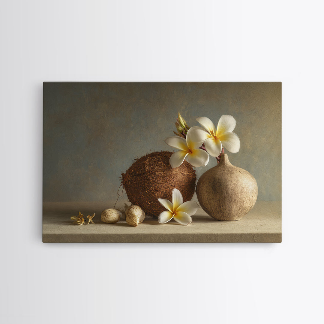 Coconut and Plumeria Still Life Canvas Print, Tropical Art, Downloadable Prints, Living Room Decor, Watercolor Art, Tropic, TRO-3x2-16