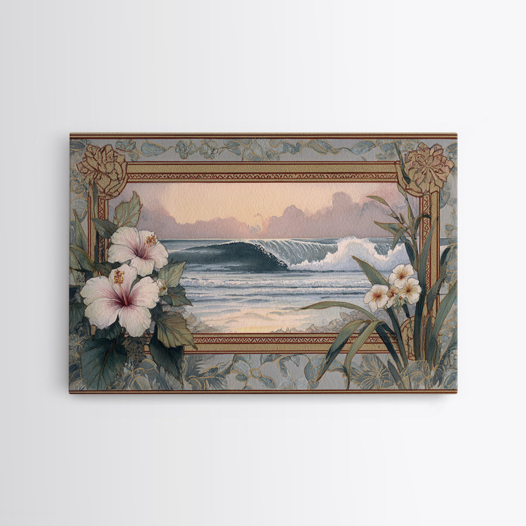 Sunset Surf Scene Framed Canvas Print, Tropical Art, Wall Art Prints, Living Room Decor, Fine Art, Tropic, Beach Wall Art, TRO-3x2-2