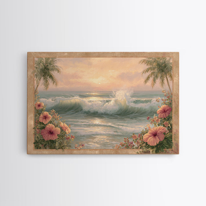 Sunset Surf Scene Canvas Print, Tropical Art, Bird Art, Living Room Decor, Watercolor Art, Tropic, Whimsical Art, Botanical Art, TRO-3x2-26