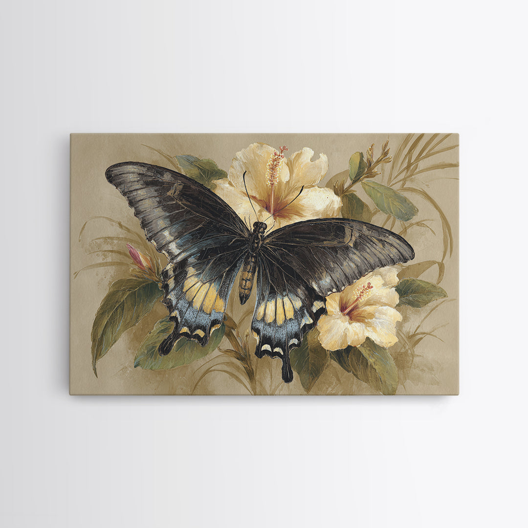 Tropical Butterfly and Flower Study Framed Canvas Print, Tropical Art, Gallery Decor, Living Room Decor, Fine Art, Tropic, TRO-3x2-27