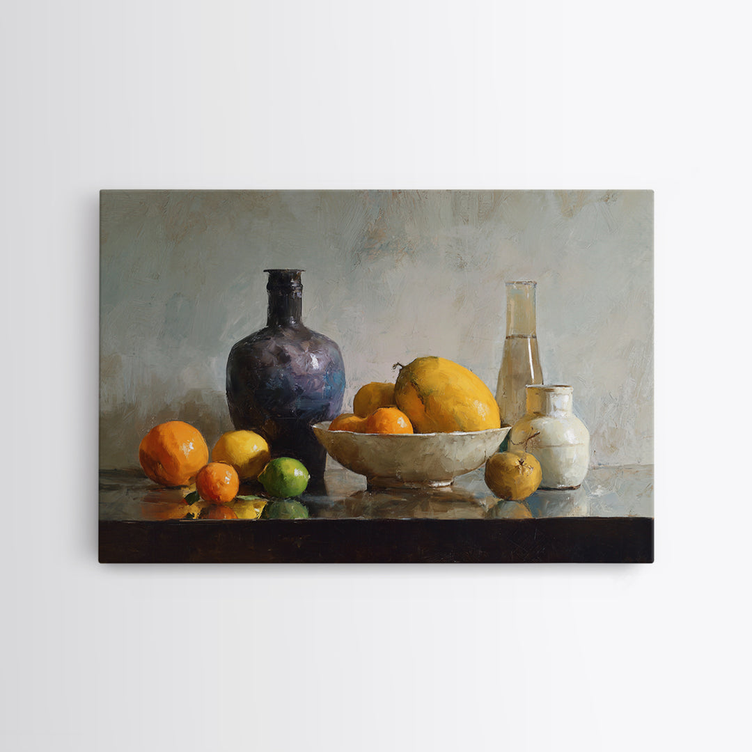 Bright Papaya and Lime Still Life Framed Canvas Print, Tropical Art, Coastal Decor, Living Room Decor, Fine Art, Tropic, TRO-3x2-28