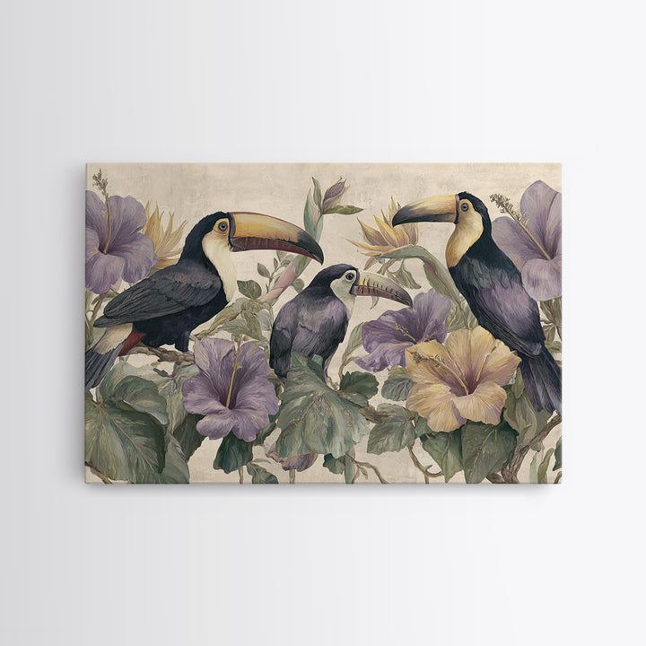 Toucans Surrounded by Bright Jungle Flowers Framed Canvas Print, Tropical Art, Statement Artwork, Living Room Decor, Tropic, TRO-3x2-31