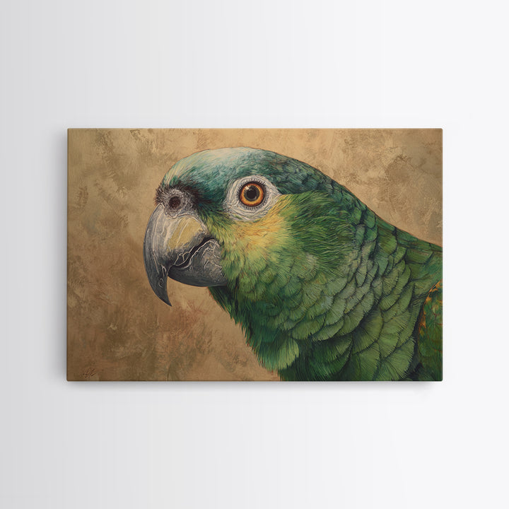 Parrot Portrait with Emerald Feathers Framed Canvas Print, Tropical Art, Whimsical Art, Living Room Decor, Fine Art, Tropic, TRO-3x2-36