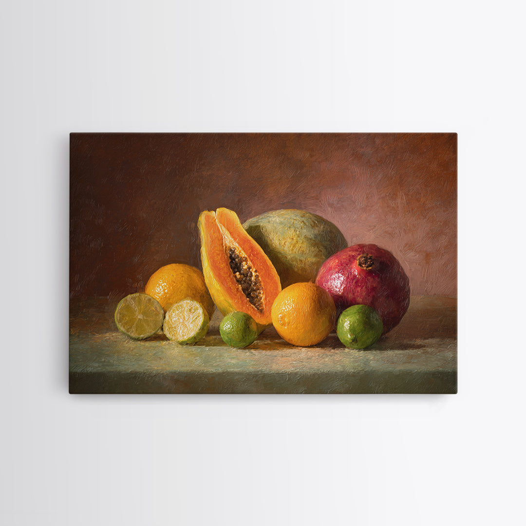 Bright Papaya and Lime Still Life Canvas Print, Tropical Art, Watercolor Painting, Living Room Decor, Oil Painting, Tropic, TRO-3x2-4