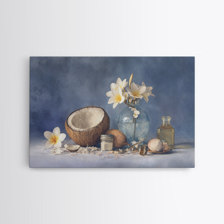 Coconut and Plumeria Still Life Framed Canvas Print, Tropical Art, Botanical Art, Living Room Decor, Oil Painting, Tropic, TRO-3x2-40