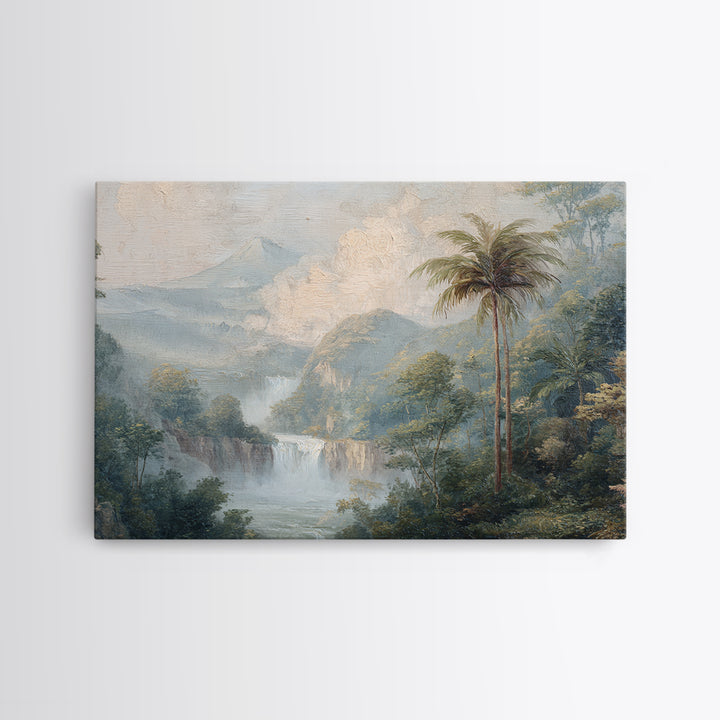 Jungle Waterfall with Misty Light Framed Canvas Print, Tropical Art, Beach Prints, Living Room Decor, Watercolor Art, Tropic, TRO-3x2-41