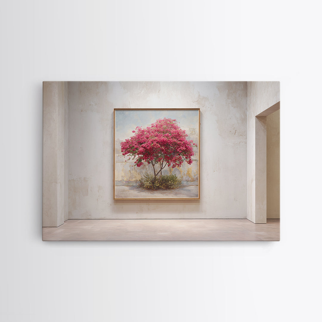 Pink Bougainvillea over White Wall Canvas Print, Tropical Art, Beach Prints, Living Room Decor, Watercolor Art, Tropic, TRO-3x2-44