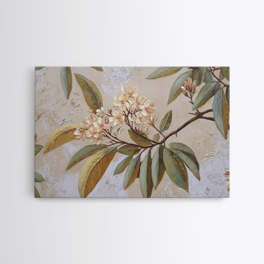 Mango Branch with Leaves and Flowers Framed Canvas Print, Tropical Art, Coastal Decor, Living Room Decor, Fine Art, Tropic, TRO-3x2-46