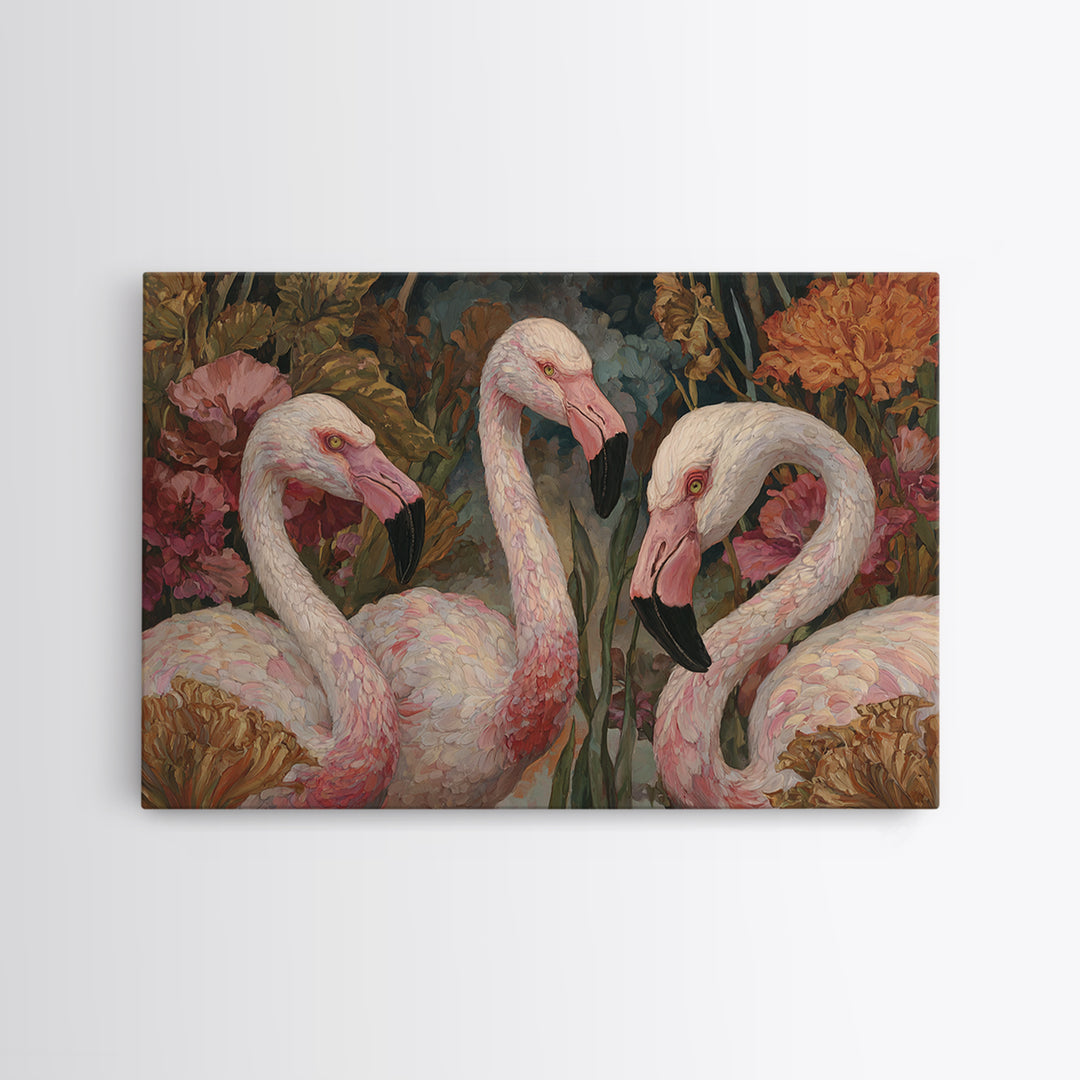 Pink Flamingos Among Tropical Water Plants Canvas Print, Tropical Art, Beach Wall Art, Living Room Decor, Fine Art, Tropic, TRO-3x2-54