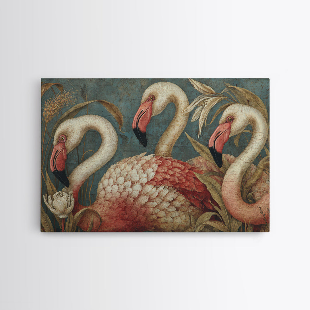Pink Flamingos Among Tropical Water Plants Framed Canvas Print, Tropical Art, Set of 3 Prints, Living Room Decor, Tropic, TRO-3x2-6