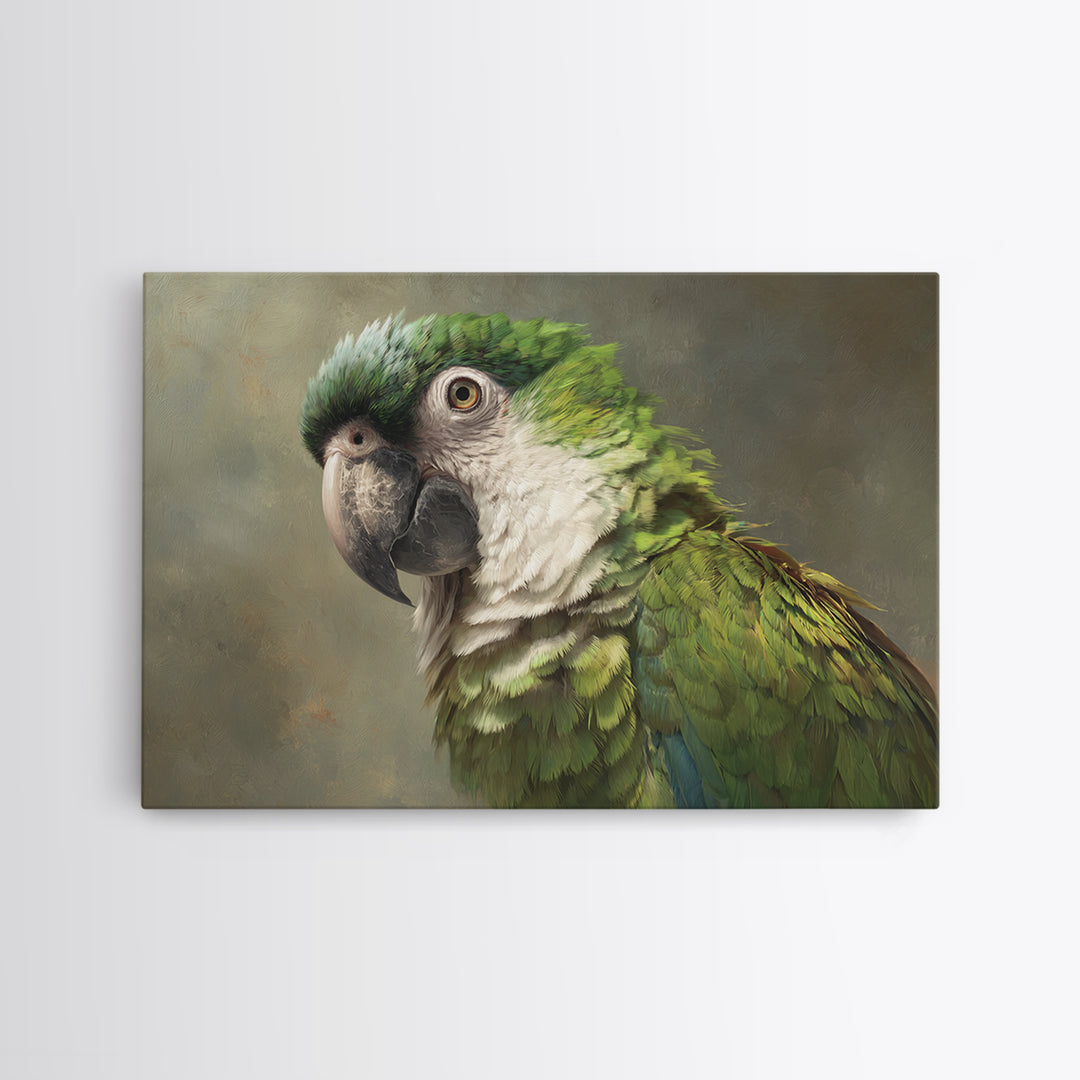 Parrot Portrait with Emerald Feathers Framed Canvas Print, Tropical Art, Textured Painting, Living Room Decor, Fine Art, Tropic, TRO-3x2-60