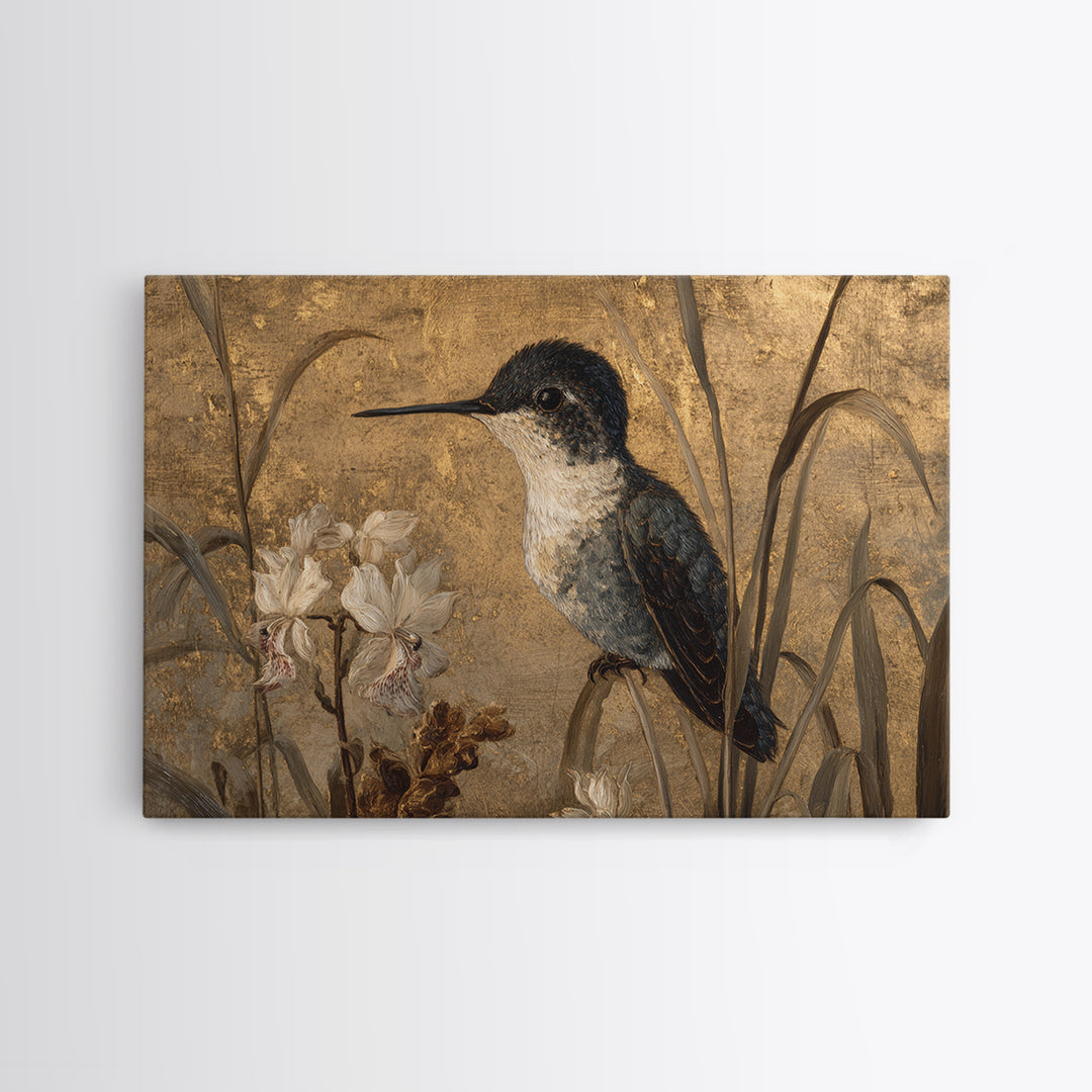 Orchid and Hummingbird Composition Canvas Print, Tropical Art, Abstract Painting, Living Room Decor, Fine Art, Tropic, TRO-3x2-62