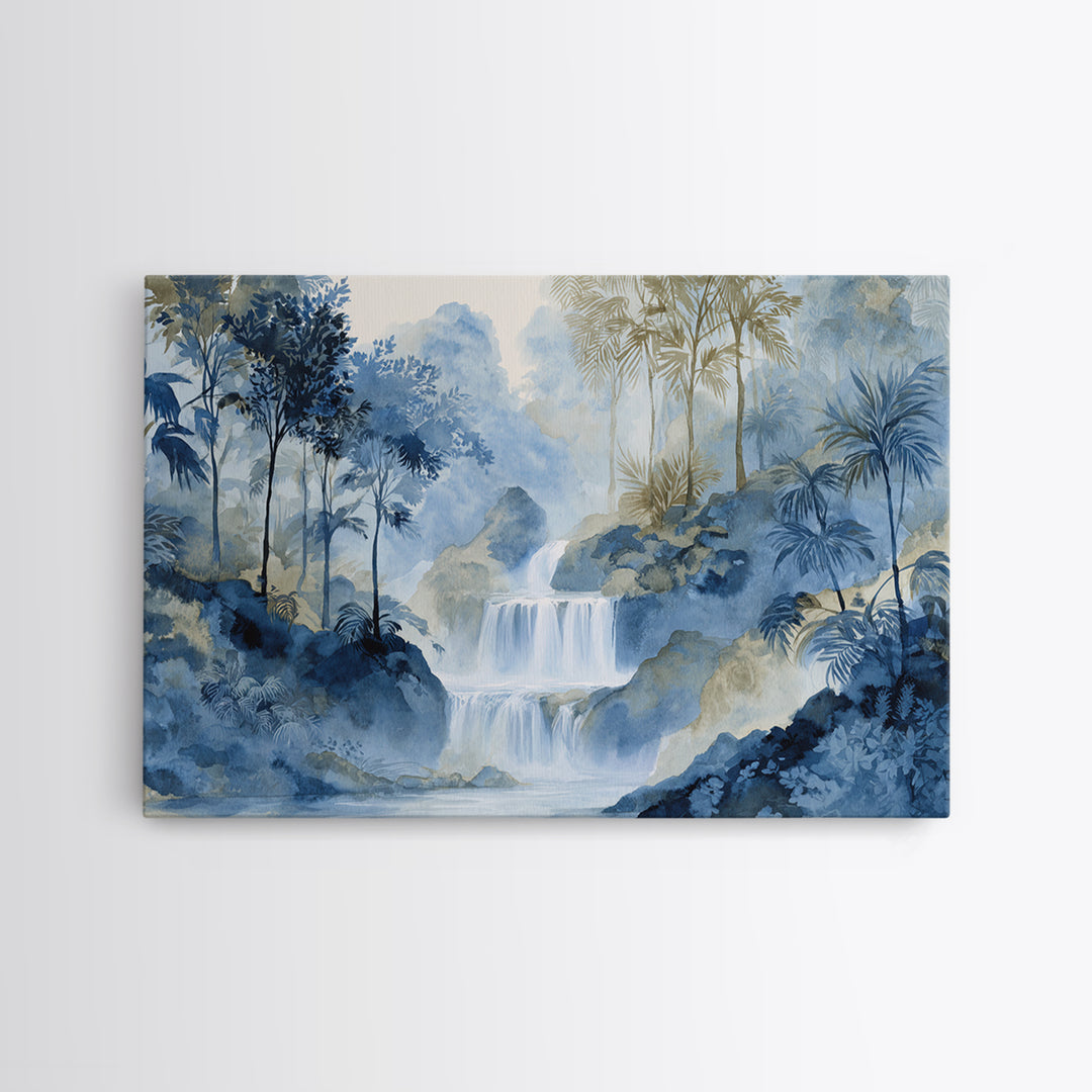 Jungle Waterfall with Misty Light Framed Canvas Print, Tropical Art, Beach Prints, Living Room Decor, Watercolor Art, Tropic, TRO-3x2-65