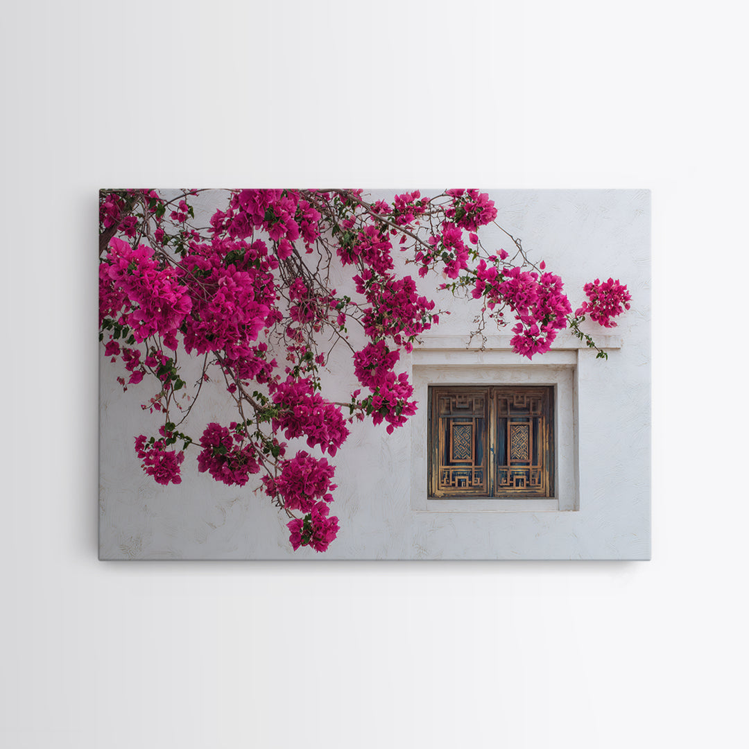Pink Bougainvillea over White Wall Canvas Print, Tropical Art, Minimalist Decor, Living Room Decor, Fine Art, Tropic, TRO-3x2-68