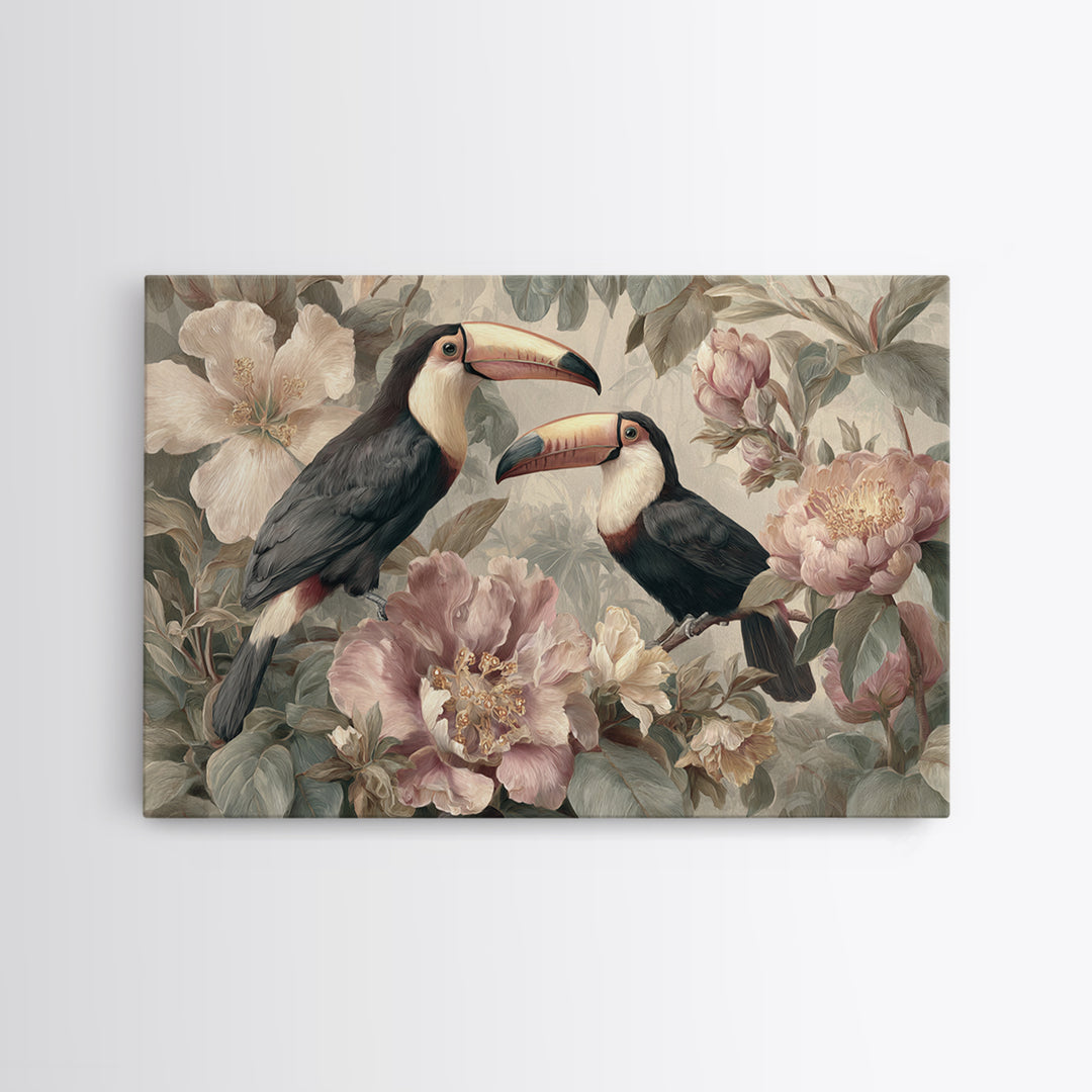 Toucans Surrounded by Bright Jungle Flowers Framed Canvas Print, Tropical Art, Printable Art, Living Room Decor, Tropic, TRO-3x2-7