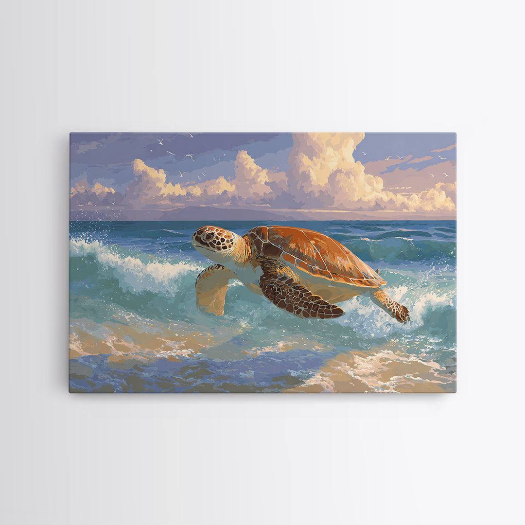 Sea Turtle Near Tropical Reef Framed Canvas Print, Tropical Art, Beach Prints, Living Room Decor, Watercolor Art, Tropic, TRO-3x2-71