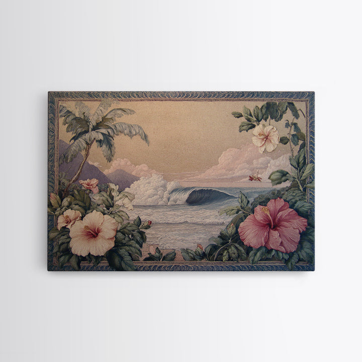 Sunset Surf Scene Framed Canvas Print, Tropical Art, Beach Decor, Living Room Decor, Oil Painting, Tropic, Fine Art Print, TRO-3x2-74