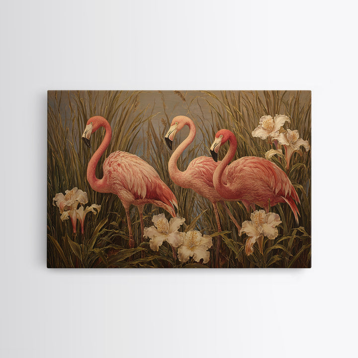 Pink Flamingos Among Tropical Water Plants Framed Canvas Print, Tropical Art, Whimsical Art, Living Room Decor, Tropic, TRO-3x2-78