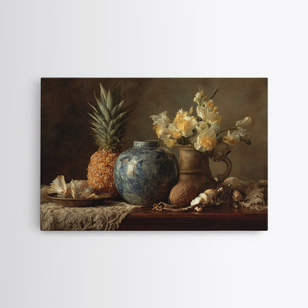 Pineapple and Palm Still Life Framed Canvas Print, Tropical Art, Botanical Art, Living Room Decor, Oil Painting, Tropic, TRO-3x2-82