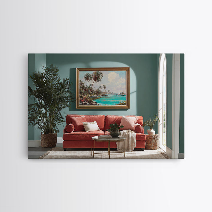 Tropical Lagoon with Turquoise Water Canvas Print, Tropical Art, Pink Wall Art, Living Room Decor, Tropic, Coastal Art, TRO-3x2-83