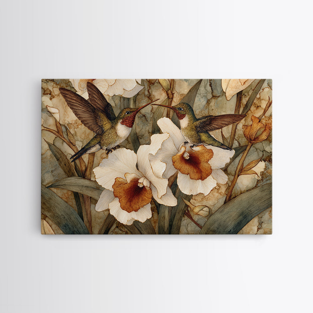 Orchid and Hummingbird Composition Framed Canvas Print, Tropical Art, Trendy Wall Art, Living Room Decor, Fine Art, Tropic, TRO-3x2-86