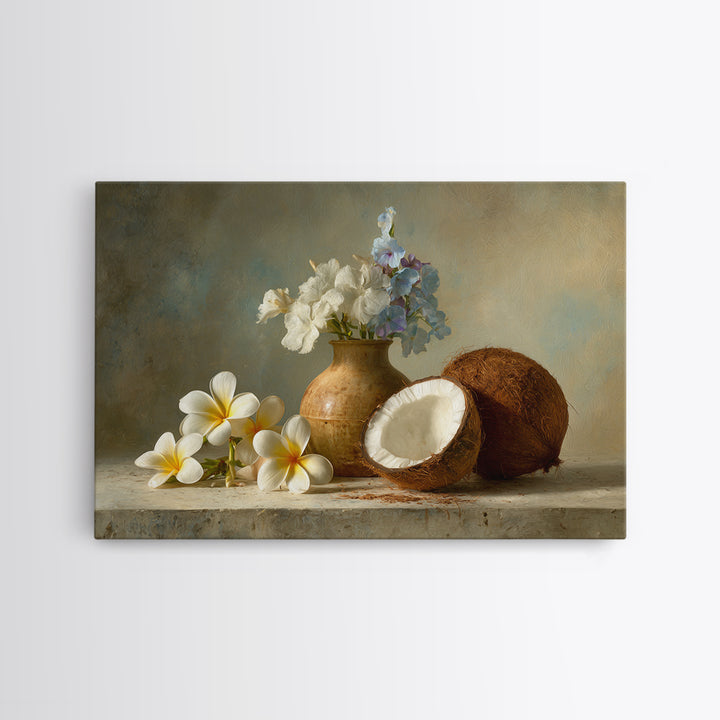 Coconut and Plumeria Still Life Canvas Print, Tropical Art, Decor, Living Room Decor, Tropic 588, Bird Art, Set of Prints, TRO-3x2-88