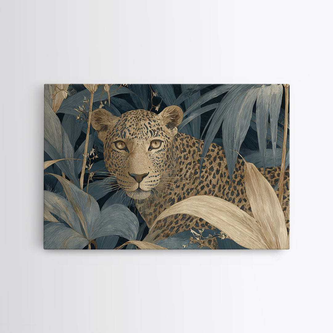 Leopard Hidden Among Palm Leaves Framed Canvas Print, Tropical Art, Coastal Art, Living Room Decor, Fine Art, Tropic, TRO-3x2-90