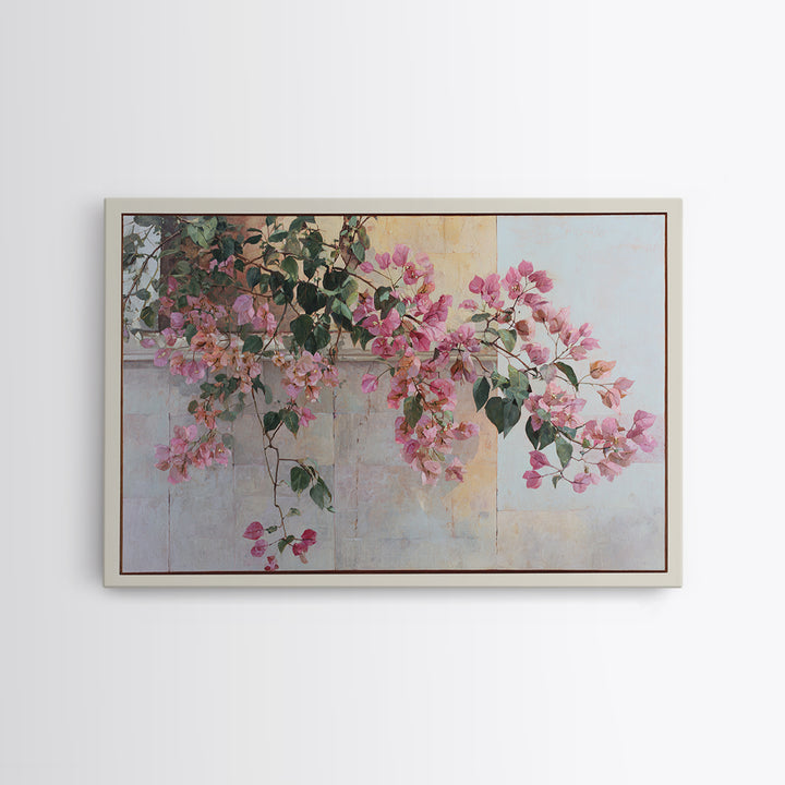 Pink Bougainvillea over White Wall Framed Canvas Print, Tropical Art, Digital Prints, Living Room Decor, Fine Art, Tropic, TRO-3x2-92