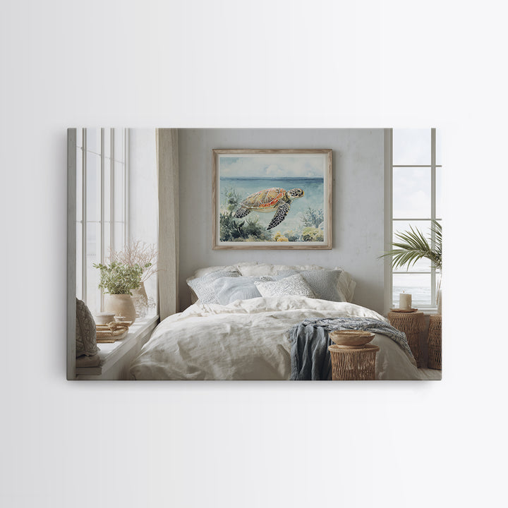 Sea Turtle Near Tropical Reef Framed Canvas Print, Tropical Art, Wall Art Prints, Living Room Decor, Fine Art, Tropic, TRO-3x2-95