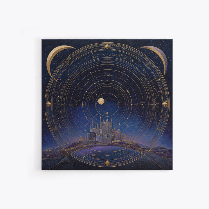 Night Skyline under Crescent Moon Framed Canvas Print, Urban Art, Digital Download Art, Living Room Decor, Abstract Art, Urban, URB-1x1-24