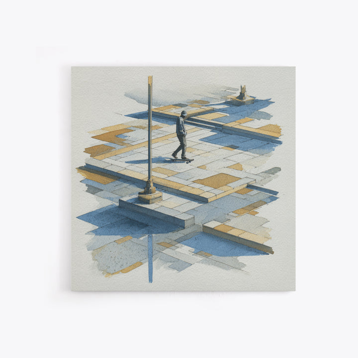 Skateboarder Crossing a Concrete Plaza Canvas Print, Urban Art, Basketball Wall Art, Living Room Decor, Watercolor Art, Urban, URB-1x1-55