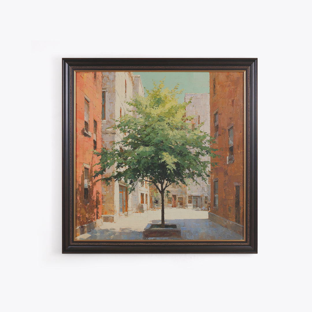 City Park Tree Framed by Buildings Framed Canvas Print, Urban Art, Colorful Wall Art, Living Room Decor, Abstract Art, Urban, URB-1x1-66