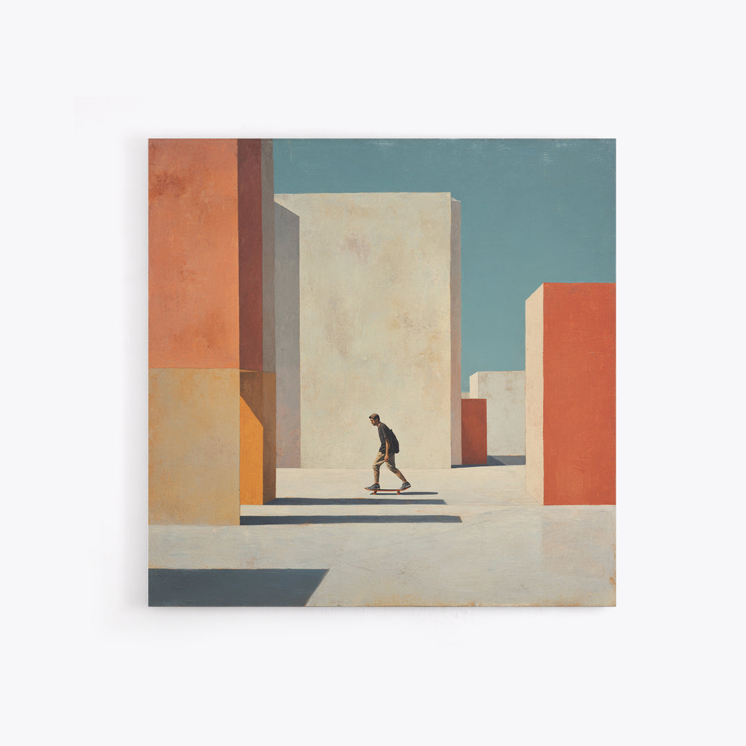 Skateboarder Crossing a Concrete Plaza Framed Canvas Print, Urban Art, Textured Wall Art, Living Room Decor, Fine Art, Urban, URB-1x1-7