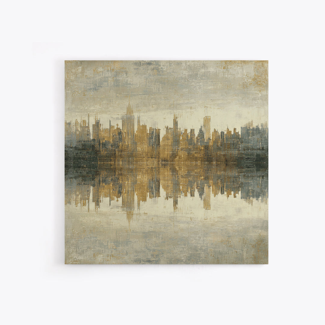 Moody City Skyline Reflected Framed Canvas Print, Urban Art, Art Print, Living Room Decor, Abstract Art, Urban, Oil Painting, URB-1x1-73