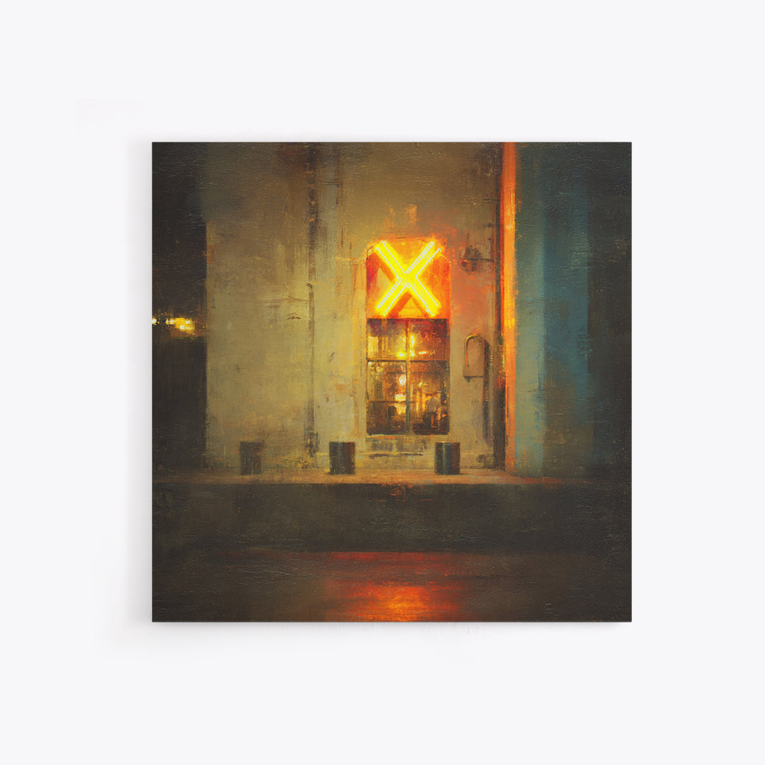 Neon Sign Glow Reflected on Black Street Framed Canvas Print, Urban Art, Gallery Decor, Living Room Decor, Fine Art, Urban, URB-1x1-78