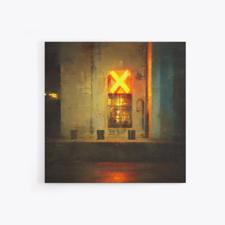 Neon Sign Glow Reflected on Black Street Framed Canvas Print, Urban Art, Gallery Decor, Living Room Decor, Fine Art, Urban, URB-1x1-78