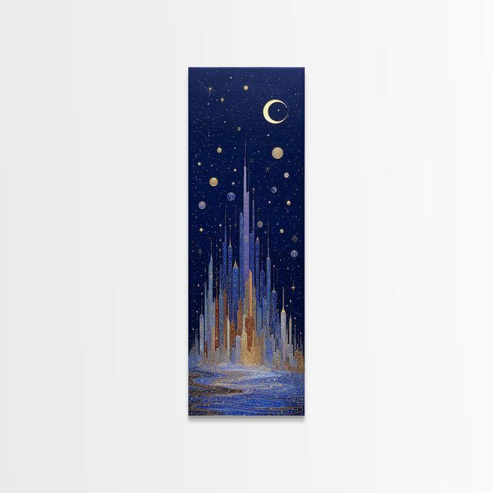 Night Skyline under Crescent Moon Canvas Print, Urban Art, Boho Decor, Living Room Decor, Abstract Art, Urban, Digital Prints, URB-1x3-12