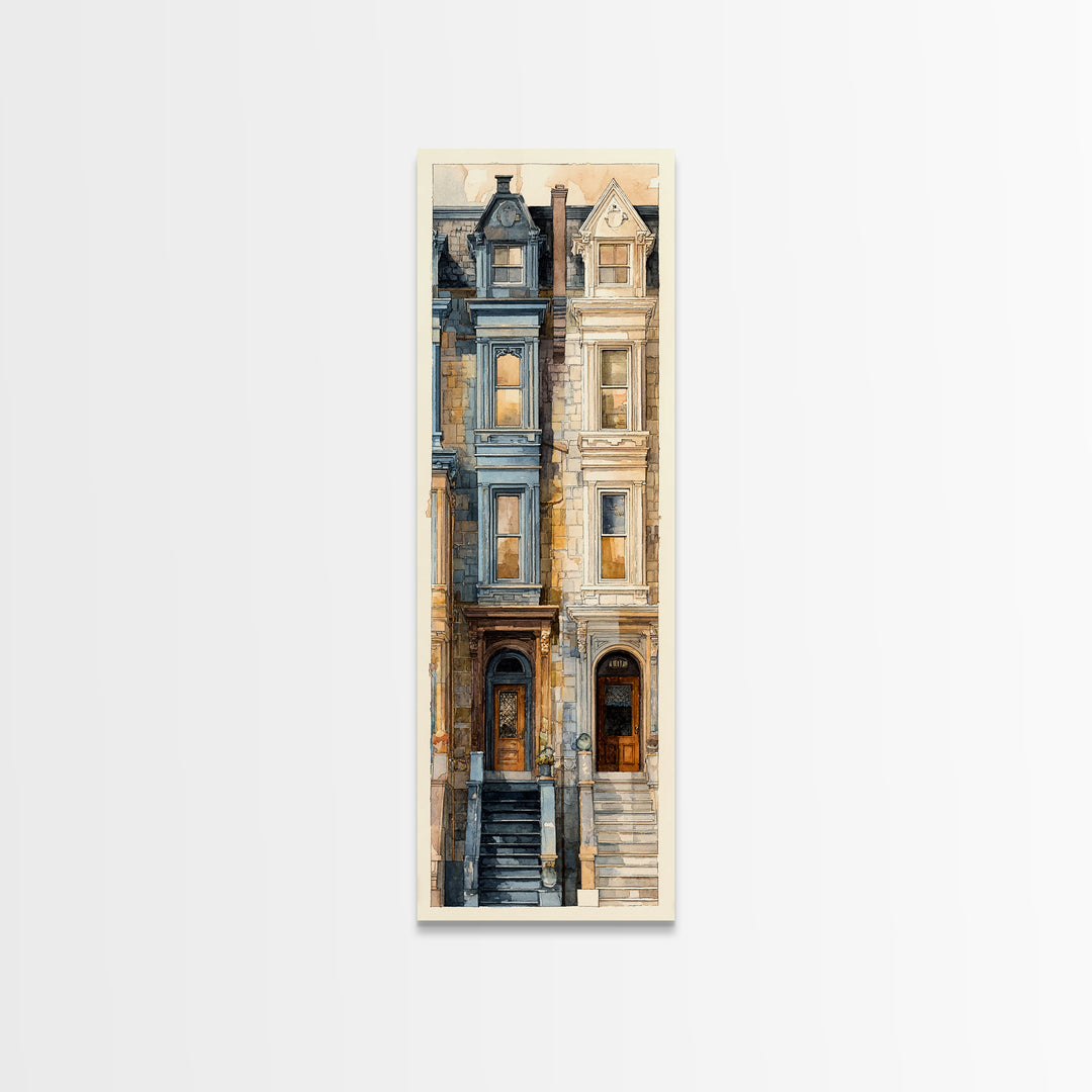 Brownstone Row in Soft Morning Light Framed Canvas Print, Urban Art, Art Print, Living Room Decor, Urban, Oil Painting, URB-1x3-24