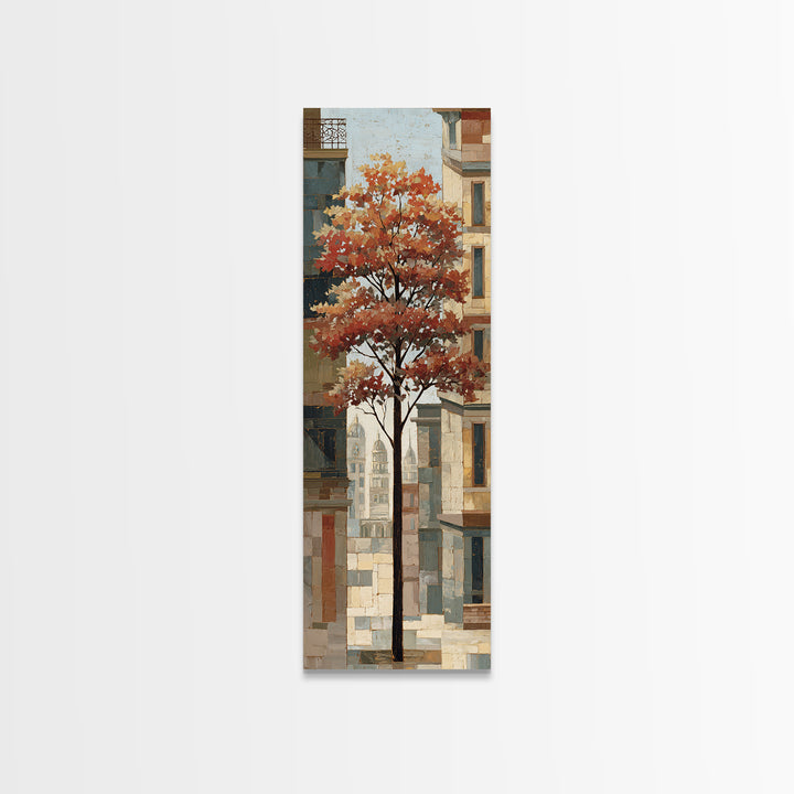City Park Tree Framed by Buildings Framed Canvas Print, Urban Art, Canvas Painting, Living Room Decor, Oil Painting, Urban, URB-1x3-54