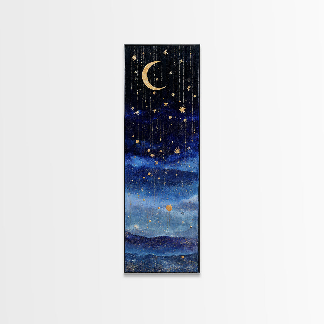 Night Skyline under Crescent Moon Canvas Print, Urban Art, Wall Decor, Living Room Decor, Fine Art, Urban, Living Room Wall Art, URB-1x3-60