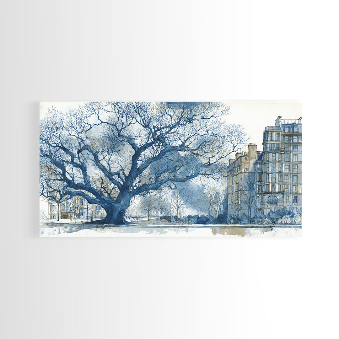 City Park Tree Framed by Buildings Framed Canvas Print, Urban Art, Fine Art Print, Living Room Decor, Watercolor Art, Urban, URB-2x1-14
