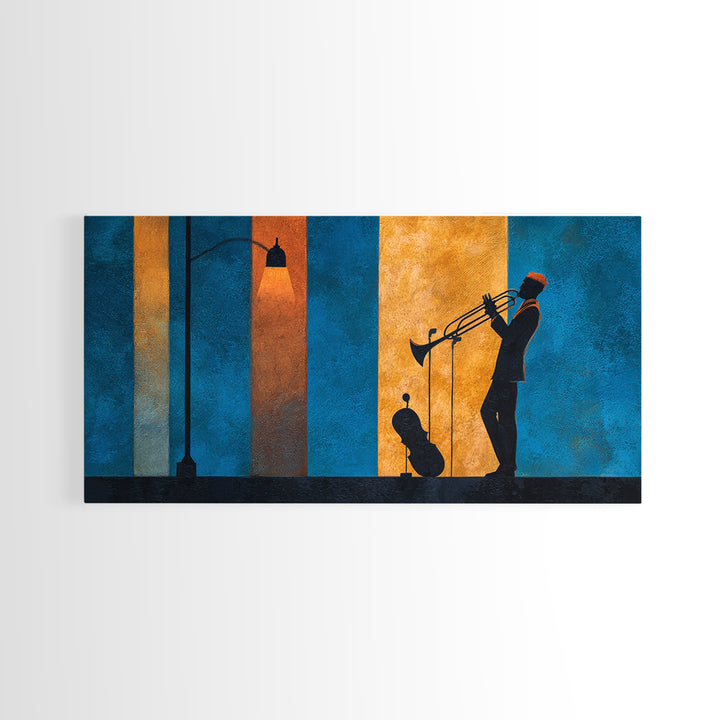 Urban Jazz Musician Silhouette Canvas Print, Urban Art, Wall Art, Living Room Decor, Watercolor Art, Urban, Digital Print, URB-2x1-36