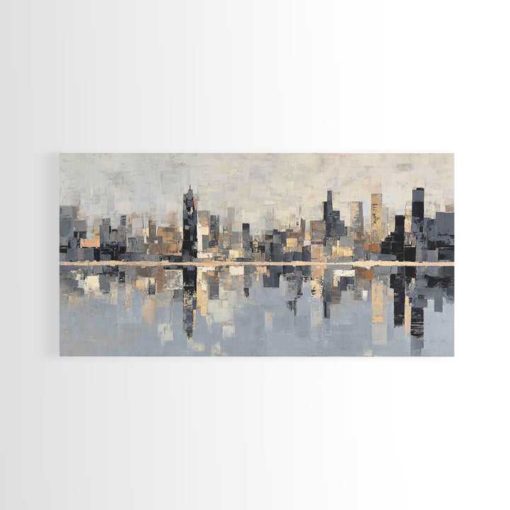 Moody City Skyline Reflected Framed Canvas Print, Urban Art, Original Painting, Living Room Decor, Urban, African American Art, URB-2x1-45